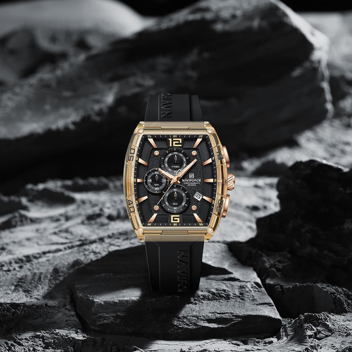 Naviforce NF6101-RG-Y-B Men's Square Chronograph Watch – Rose Gold Case, Black Dial & Black Rubber Strap – view 3