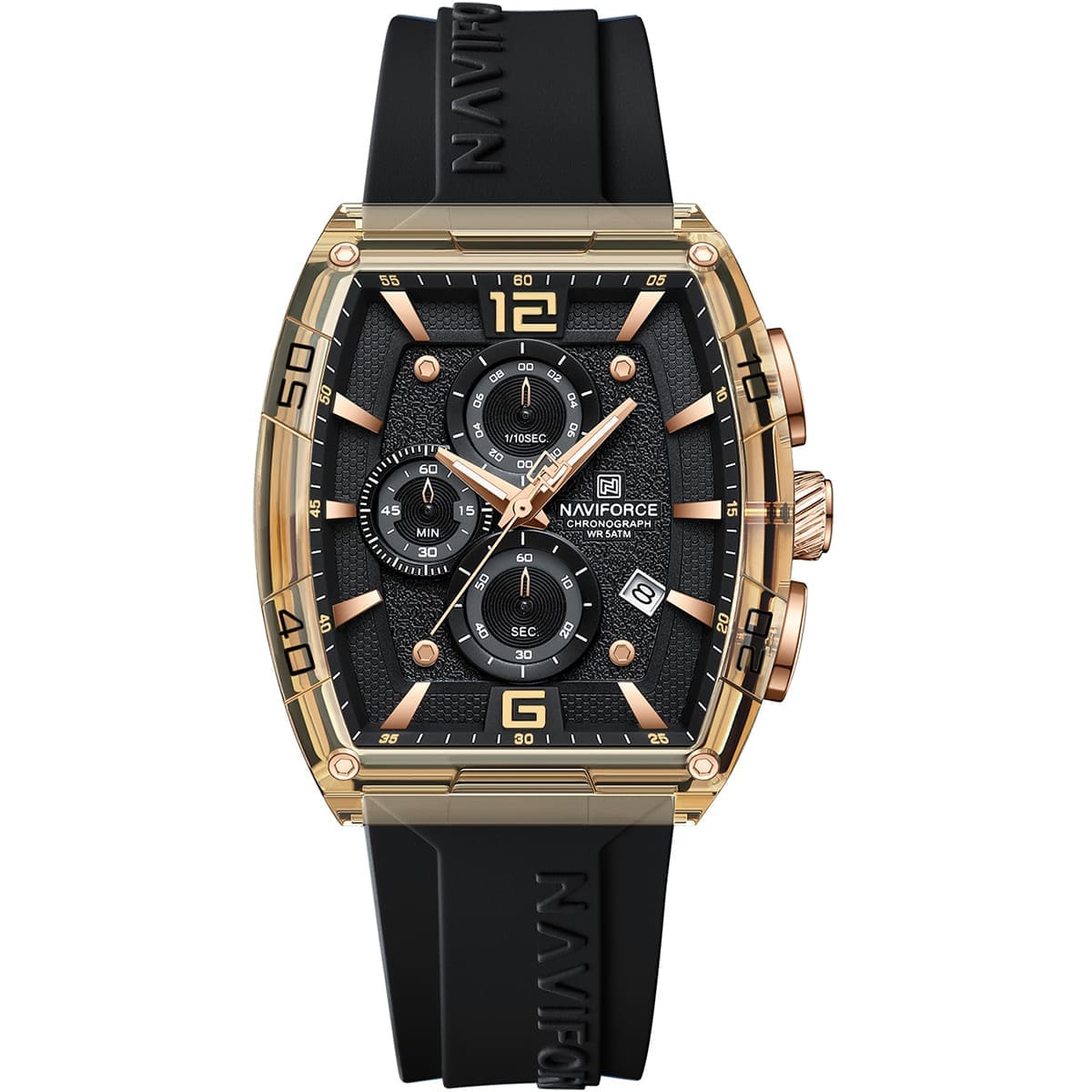 Naviforce NF6101-RG-Y-B Men's Square Chronograph Watch – Rose Gold Case, Black Dial & Black Rubber Strap