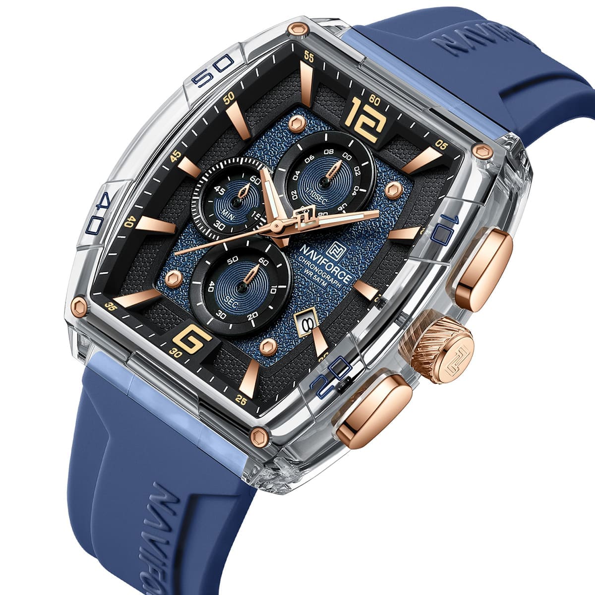 Naviforce NF6101-S-Y-BE Men's Square Chronograph Watch – Silver Case, Blue Dial & Blue Rubber Strap – view 2
