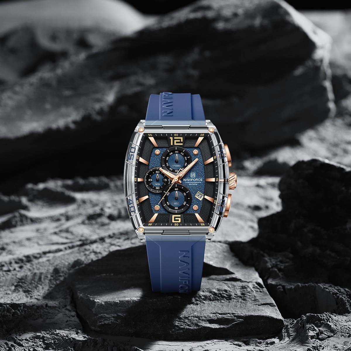 Naviforce NF6101-S-Y-BE Men's Square Chronograph Watch – Silver Case, Blue Dial & Blue Rubber Strap – view 3