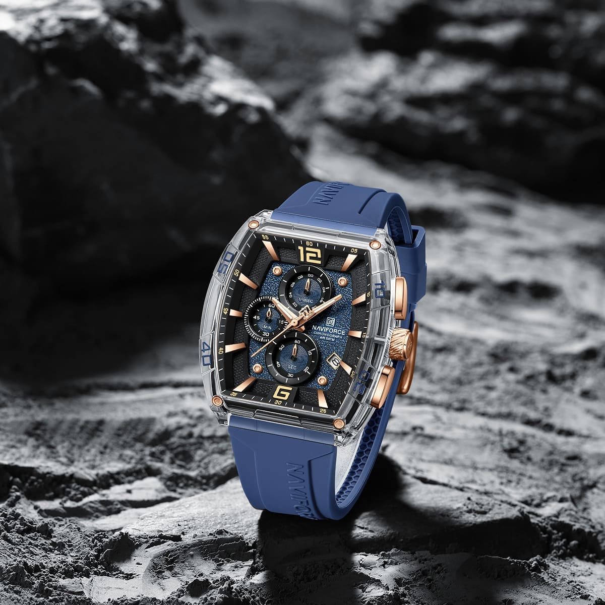 Naviforce NF6101-S-Y-BE Men's Square Chronograph Watch – Silver Case, Blue Dial & Blue Rubber Strap – view 4