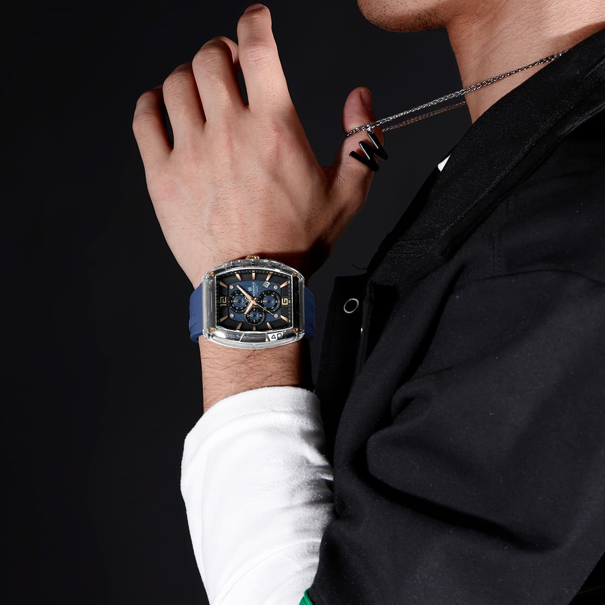 Naviforce NF6101-S-Y-BE Men's Square Chronograph Watch – Silver Case, Blue Dial & Blue Rubber Strap – view 5