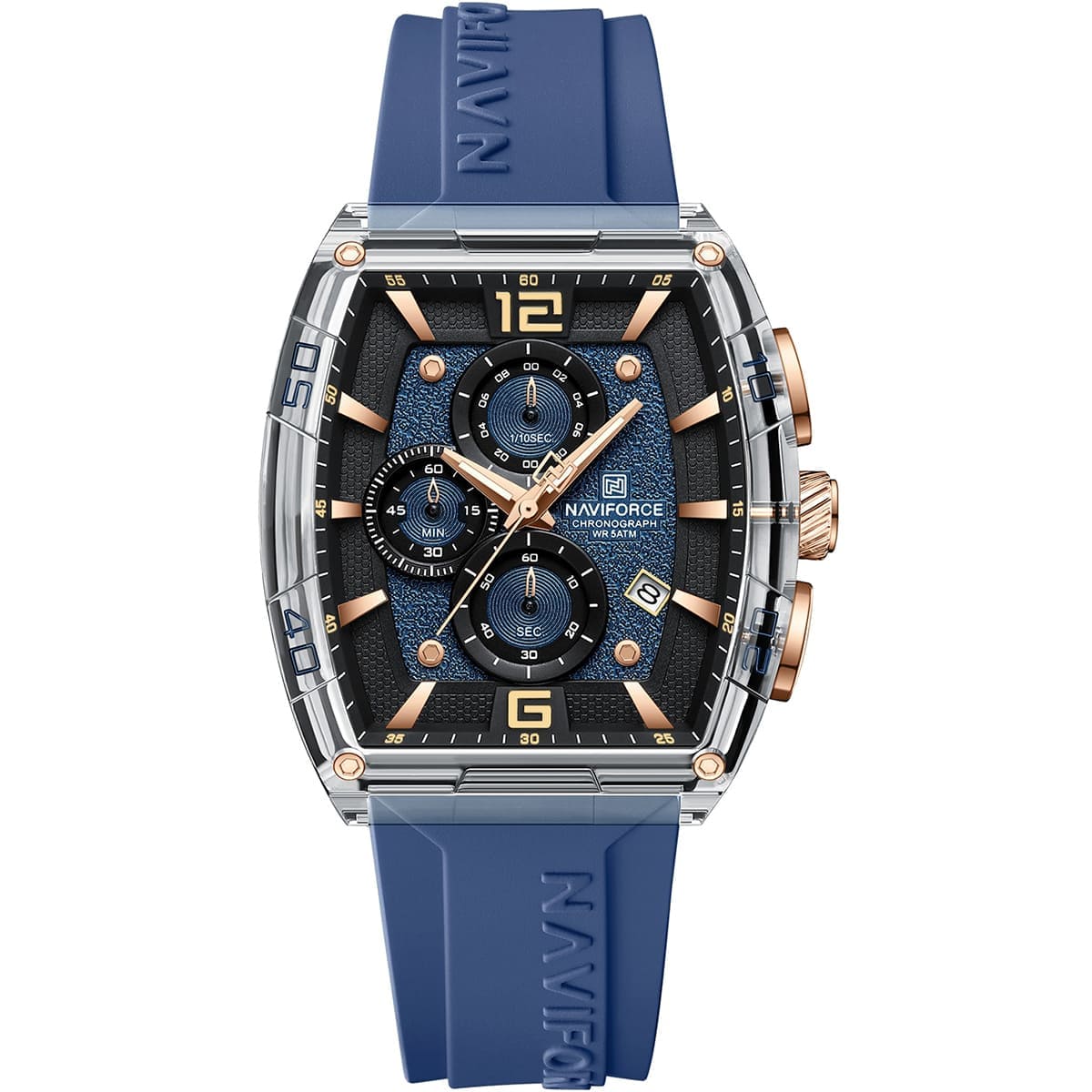 Naviforce NF6101-S-Y-BE Men's Square Chronograph Watch – Silver Case, Blue Dial & Blue Rubber Strap
