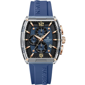 Naviforce NF6101-S-Y-BE Men's Square Chronograph Watch – Silver Case, Blue Dial & Blue Rubber Strap