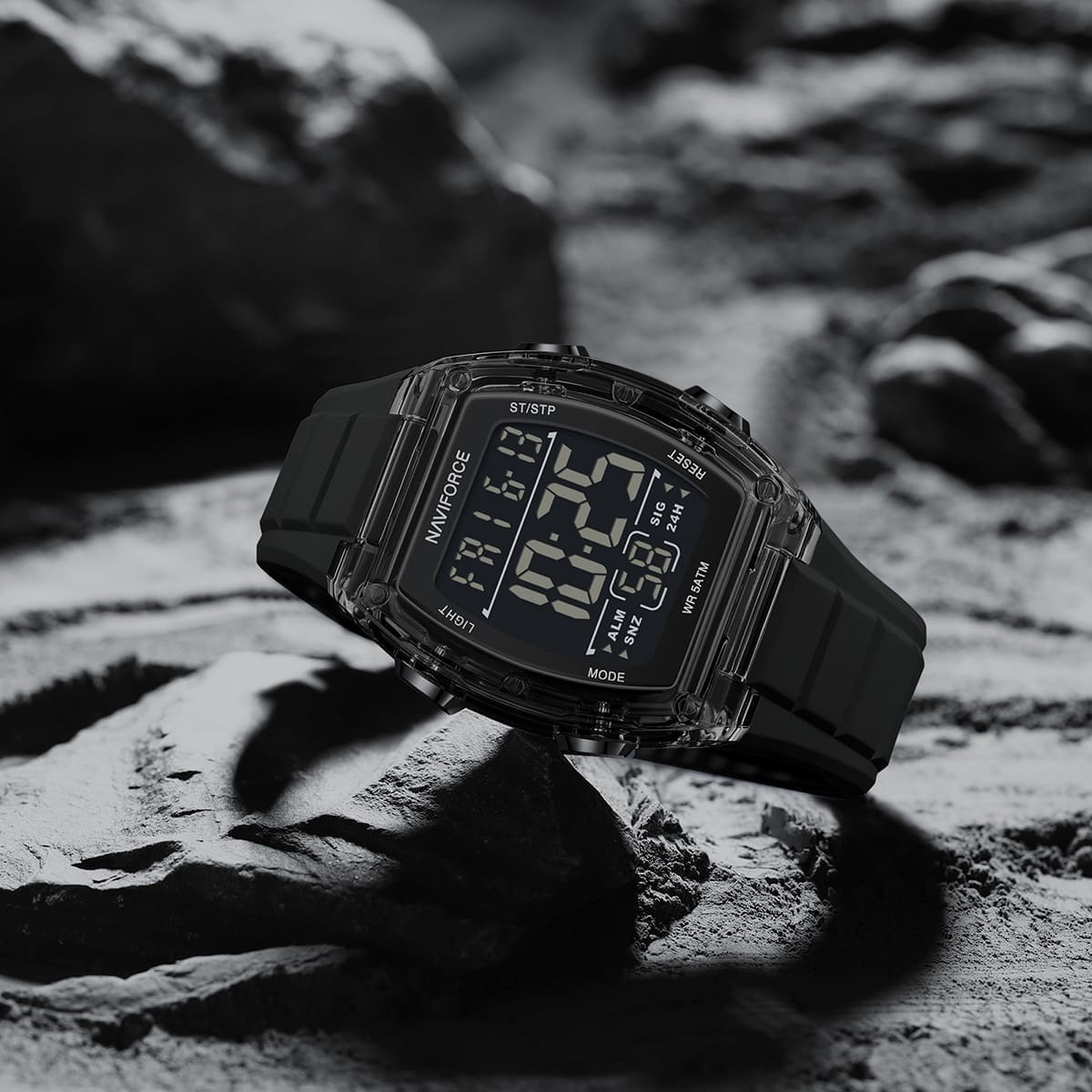 Naviforce NF6106-B-B Men's Square Digital Watch – Black Dial & Black Rubber Strap – view 3