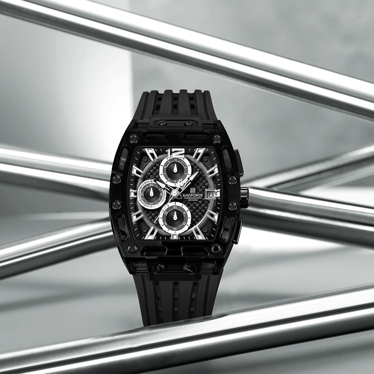 Naviforce NF7105-B-B-B Men's Square Chronograph Watch – Black Dial & Black Rubber Strap – view 3