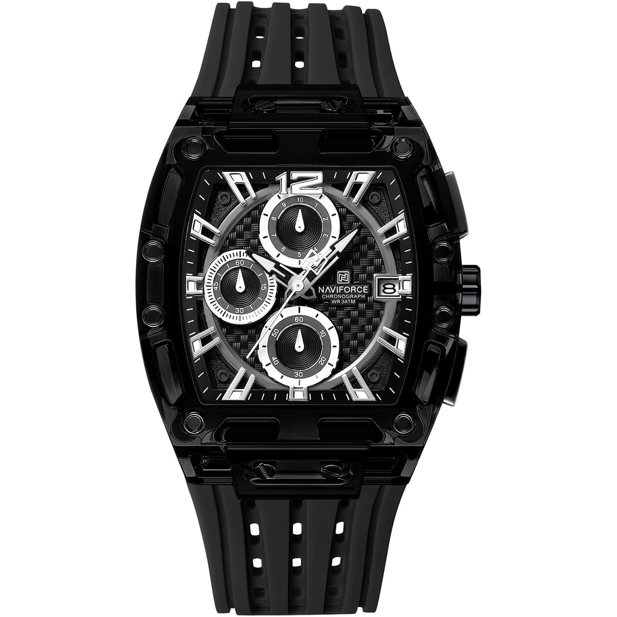 Naviforce NF7105-B-B-B Men's Square Chronograph Watch – Black Dial & Black Rubber Strap