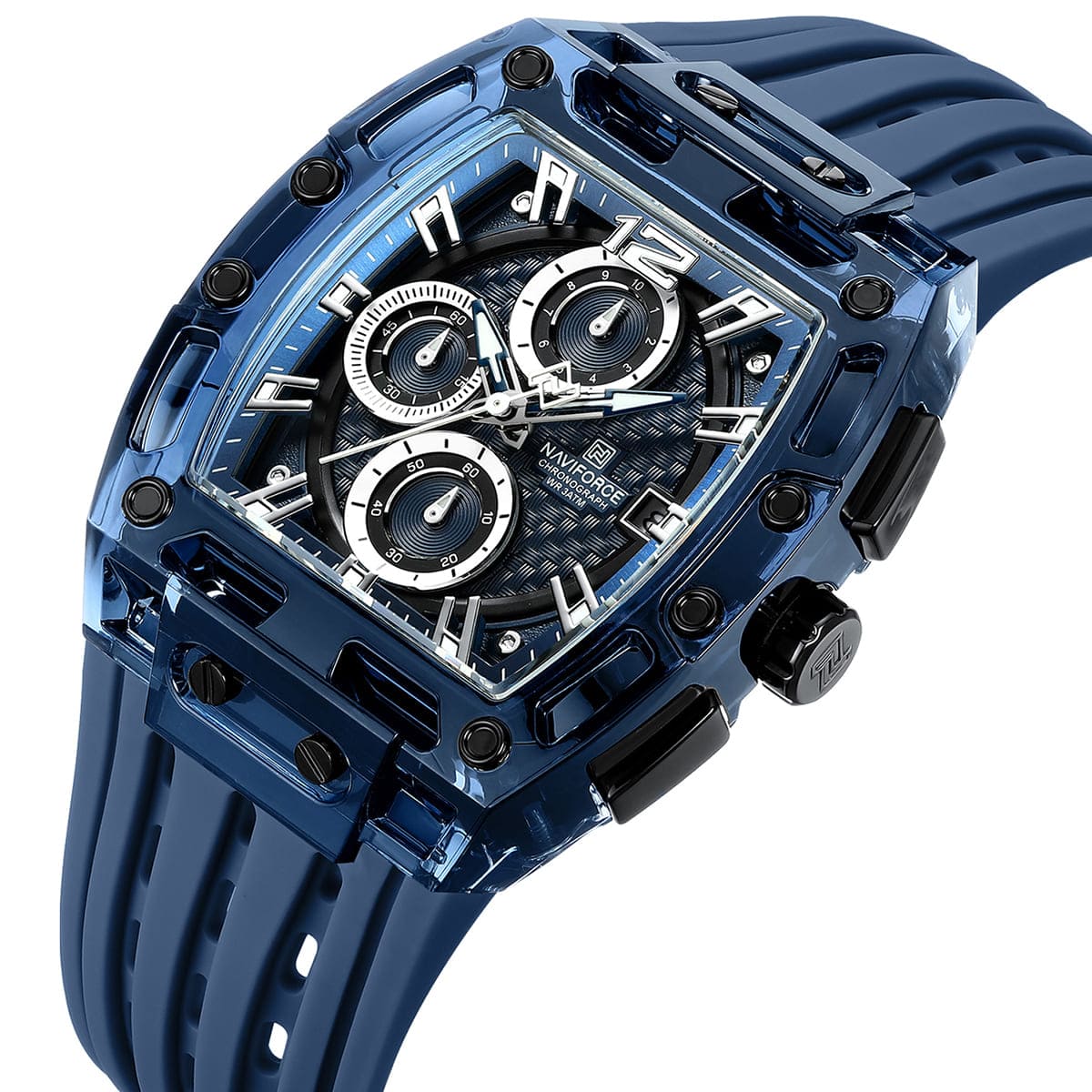 Naviforce NF7105-BE-BE-BE Men's Square Chronograph Watch – Blue Dial & Blue Rubber Strap – view 2