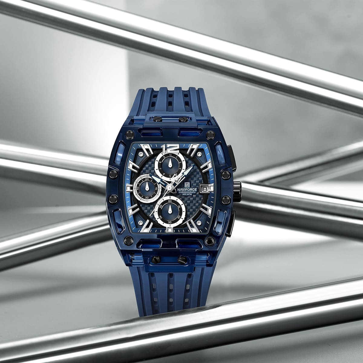 Naviforce NF7105-BE-BE-BE Men's Square Chronograph Watch – Blue Dial & Blue Rubber Strap – view 3
