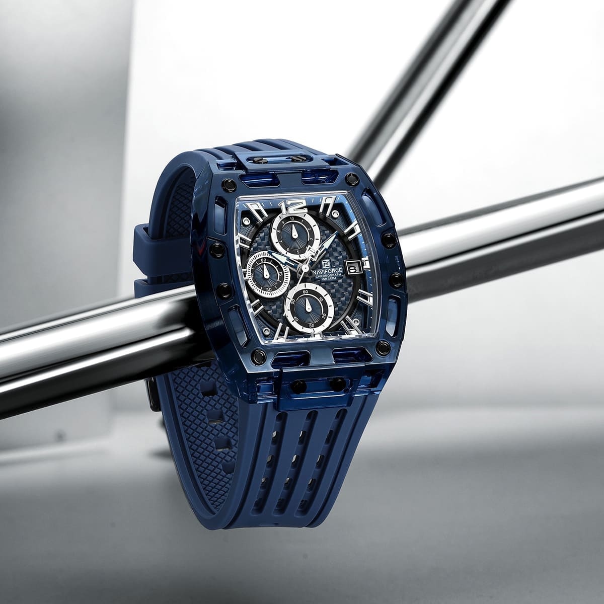 Naviforce NF7105-BE-BE-BE Men's Square Chronograph Watch – Blue Dial & Blue Rubber Strap – view 4