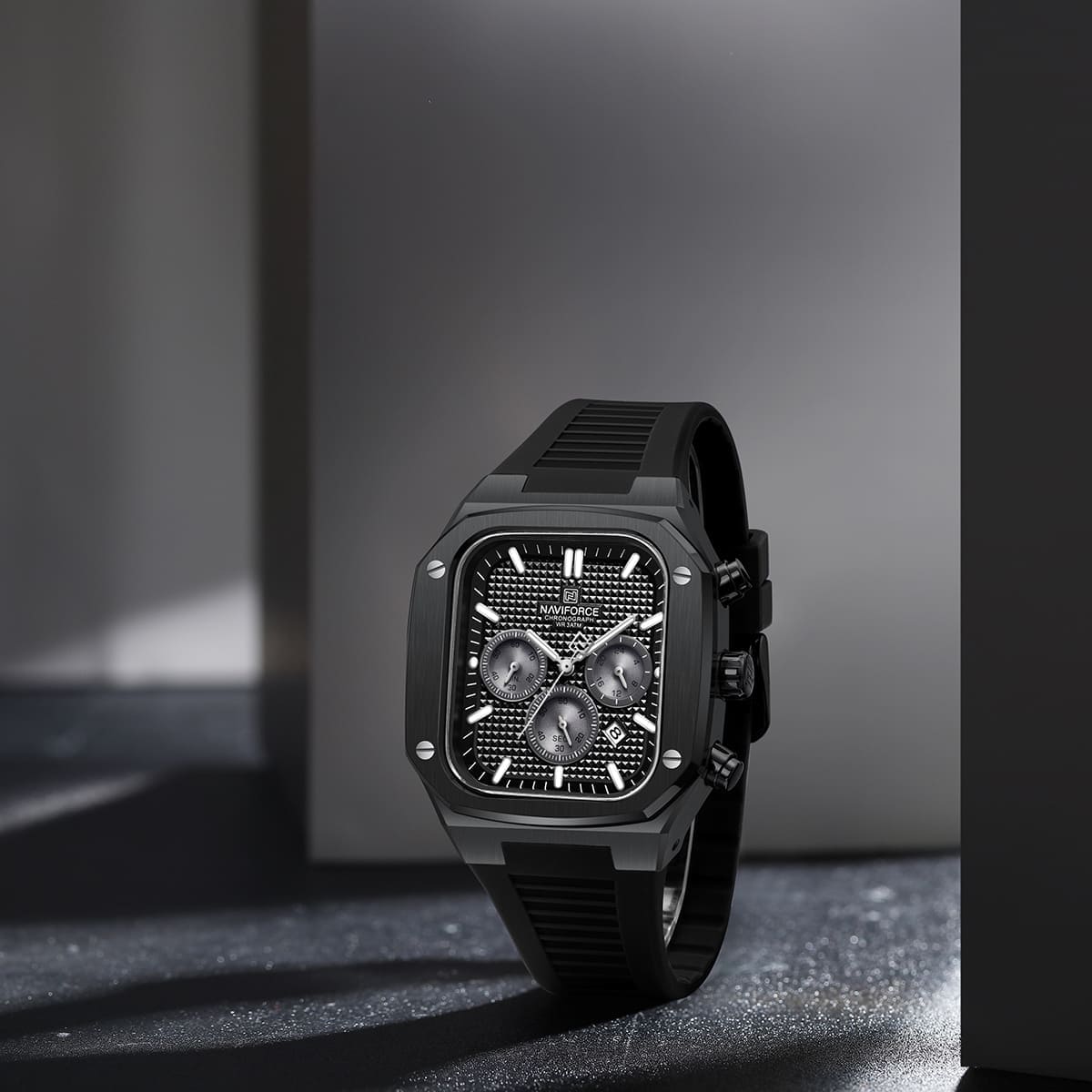 Naviforce NF8037-B-B-B Men's Square Chronograph Watch – Black Case, Black Dial & Rubber Strap – view 3