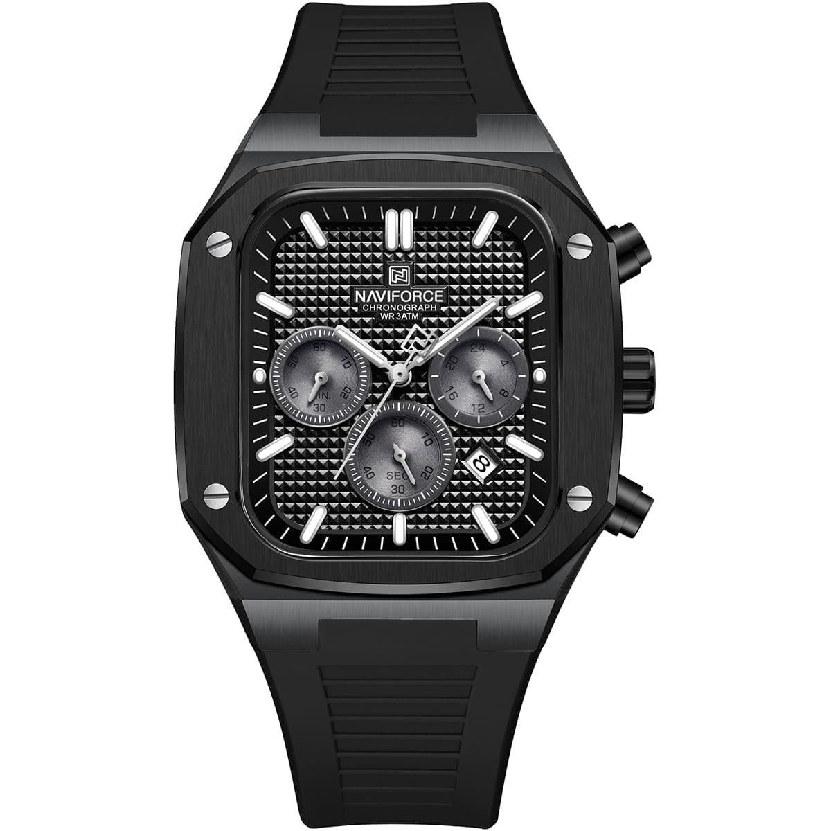 Naviforce NF8037-B-B-B Men's Square Chronograph Watch – Black Case, Black Dial & Rubber Strap