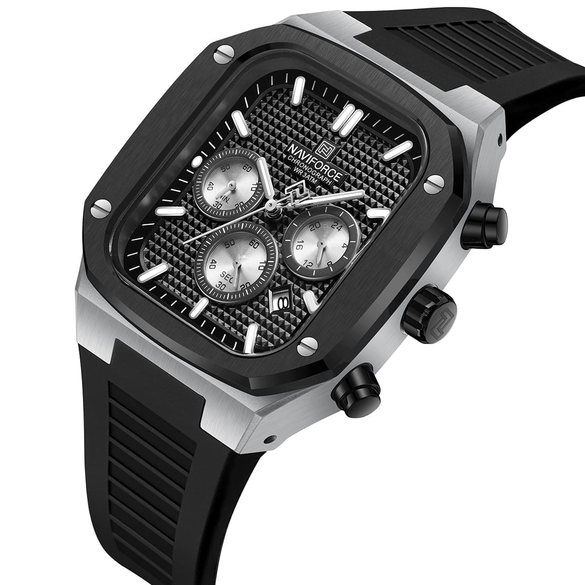 Naviforce NF8037-S-B-B Men's Square Chronograph Watch – Silver Case, Black Dial & Rubber Strap – view 2