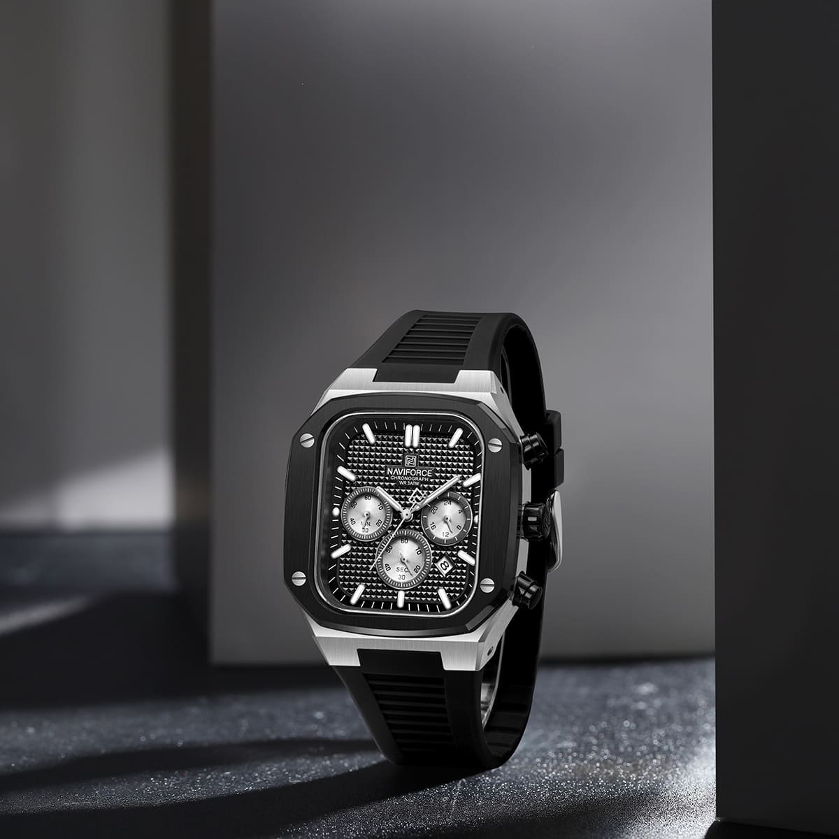 Naviforce NF8037-S-B-B Men's Square Chronograph Watch – Silver Case, Black Dial & Rubber Strap – view 3