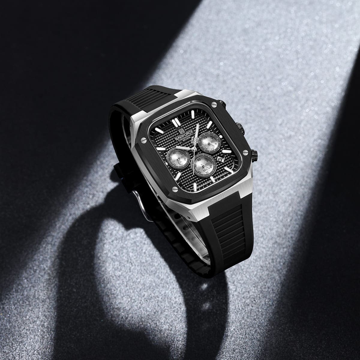 Naviforce NF8037-S-B-B Men's Square Chronograph Watch – Silver Case, Black Dial & Rubber Strap – view 4