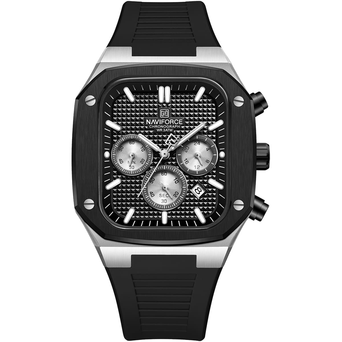 Naviforce NF8037-S-B-B Men's Square Chronograph Watch – Silver Case, Black Dial & Rubber Strap