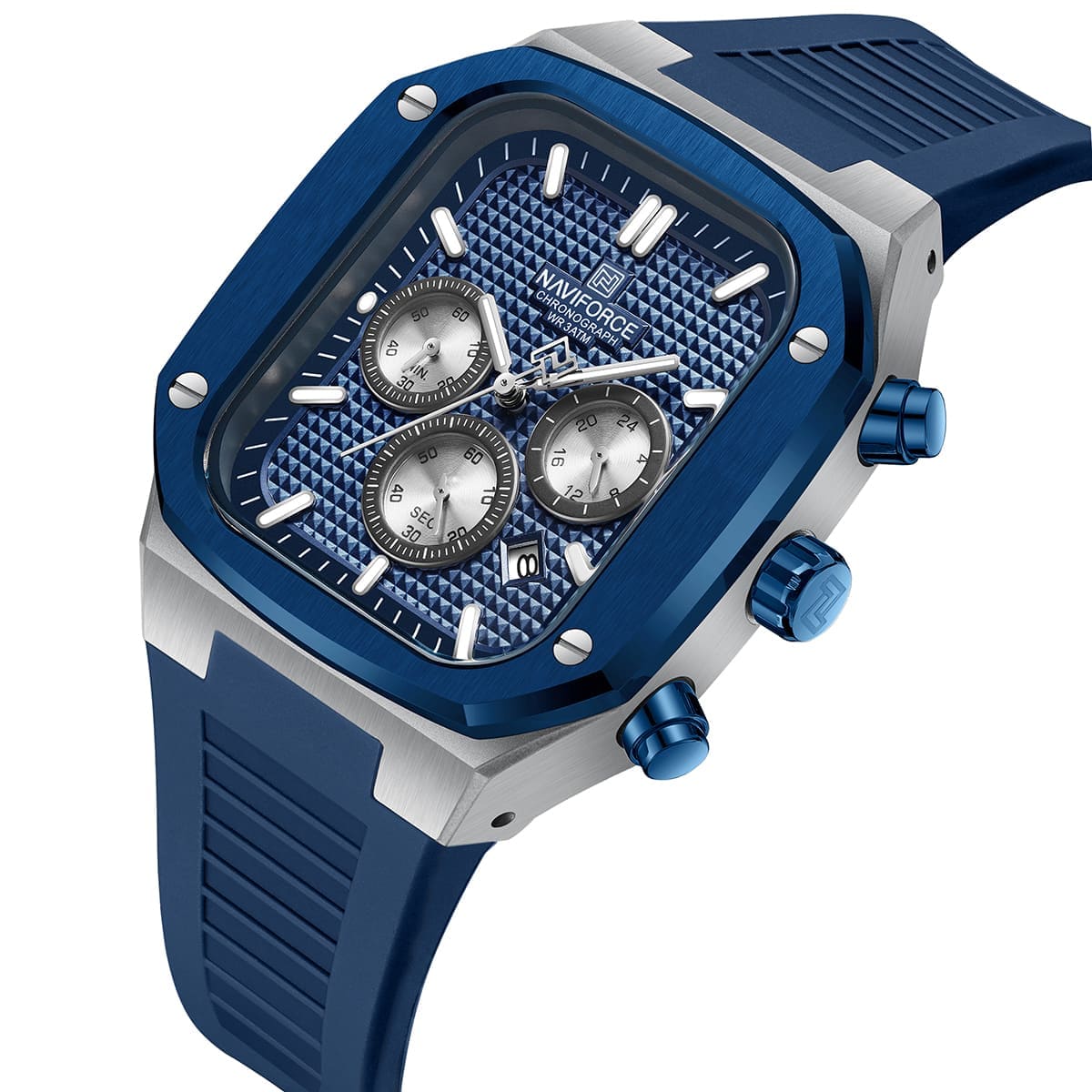 Naviforce NF8037-S-BE-BE Men's Square Chronograph Watch – Silver Case, Blue Dial & Blue Rubber Strap – view 2