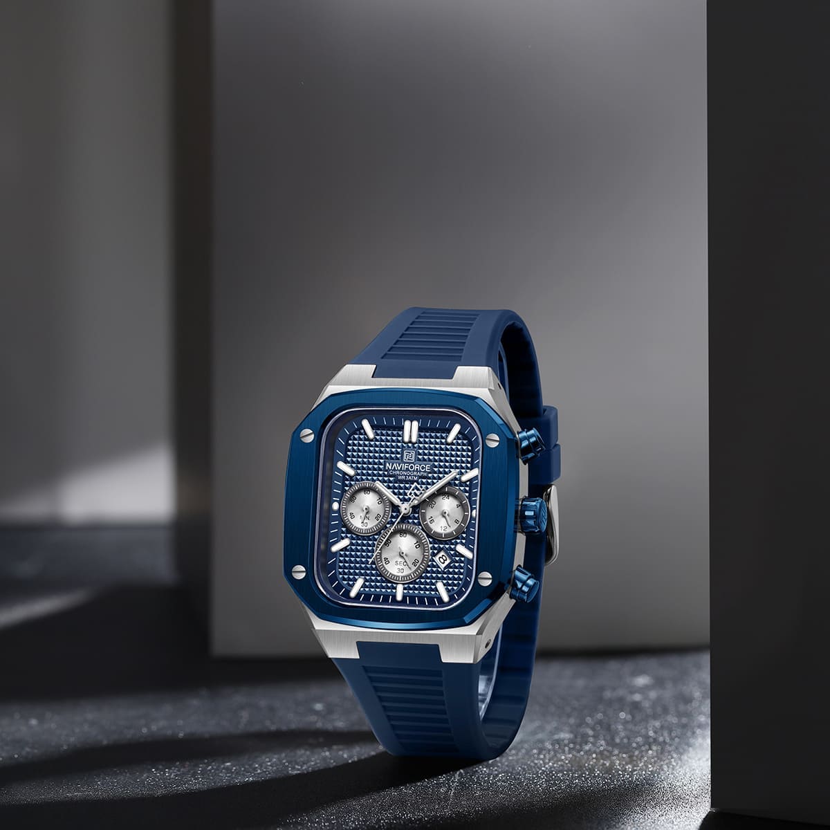 Naviforce NF8037-S-BE-BE Men's Square Chronograph Watch – Silver Case, Blue Dial & Blue Rubber Strap – view 3