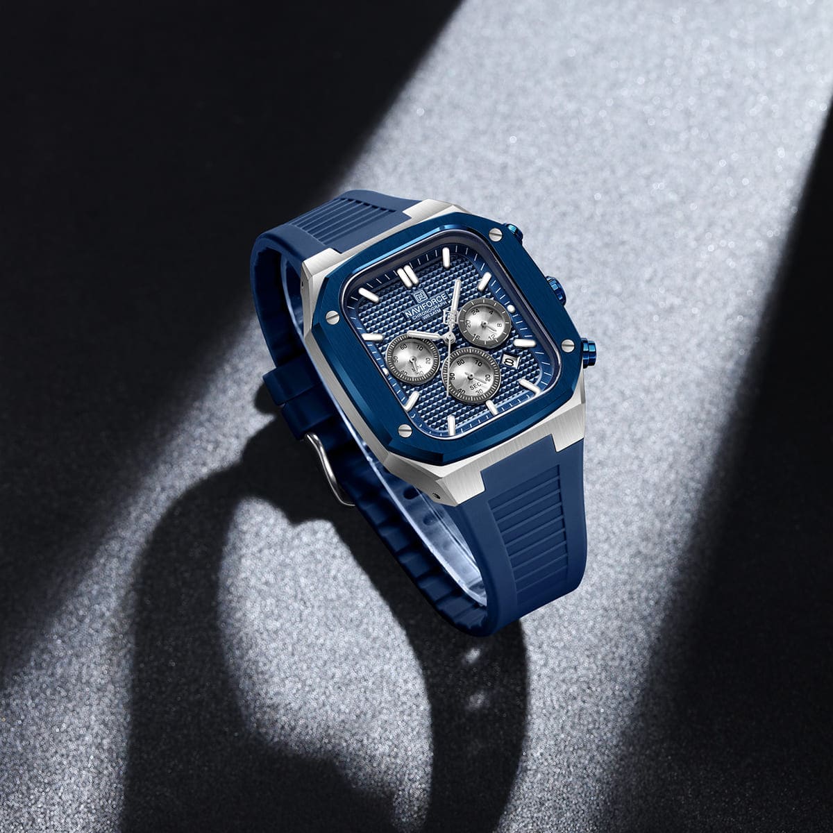 Naviforce NF8037-S-BE-BE Men's Square Chronograph Watch – Silver Case, Blue Dial & Blue Rubber Strap – view 4