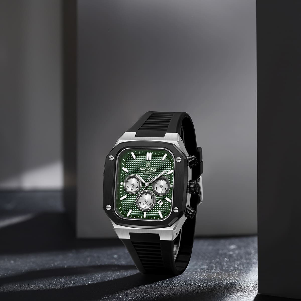 Naviforce NF8037-S-GN-B Men's Square Chronograph Watch – Green Dial & Black Rubber Strap – view 3