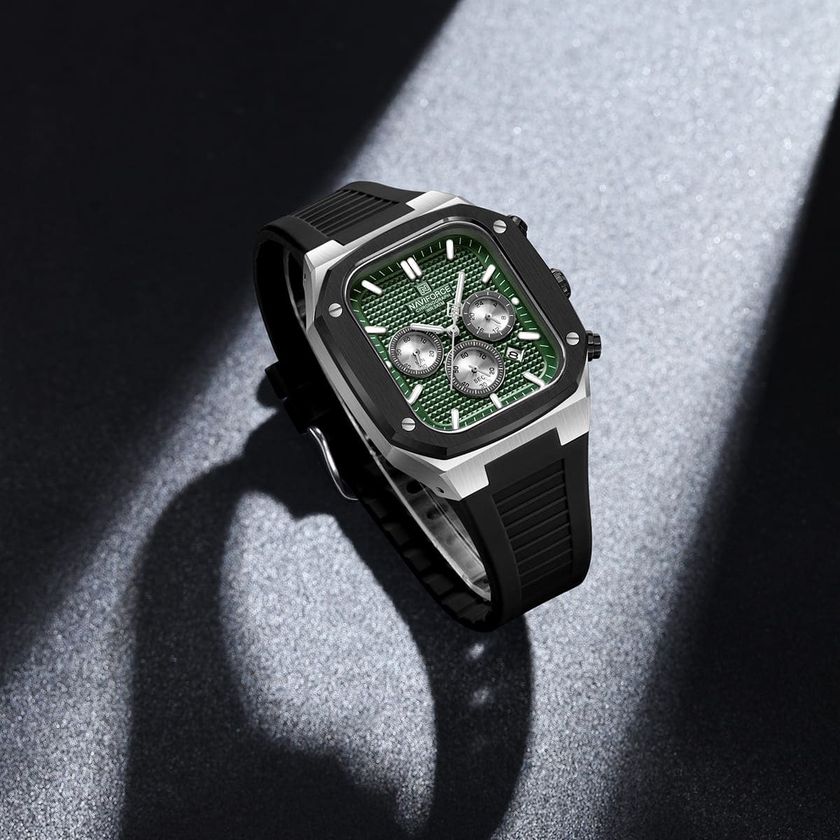 Naviforce NF8037-S-GN-B Men's Square Chronograph Watch – Green Dial & Black Rubber Strap – view 4