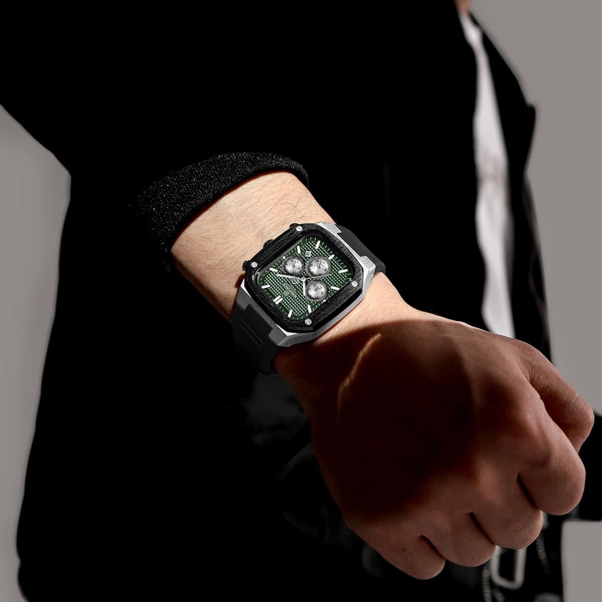 Naviforce NF8037-S-GN-B Men's Square Chronograph Watch – Green Dial & Black Rubber Strap – view 5