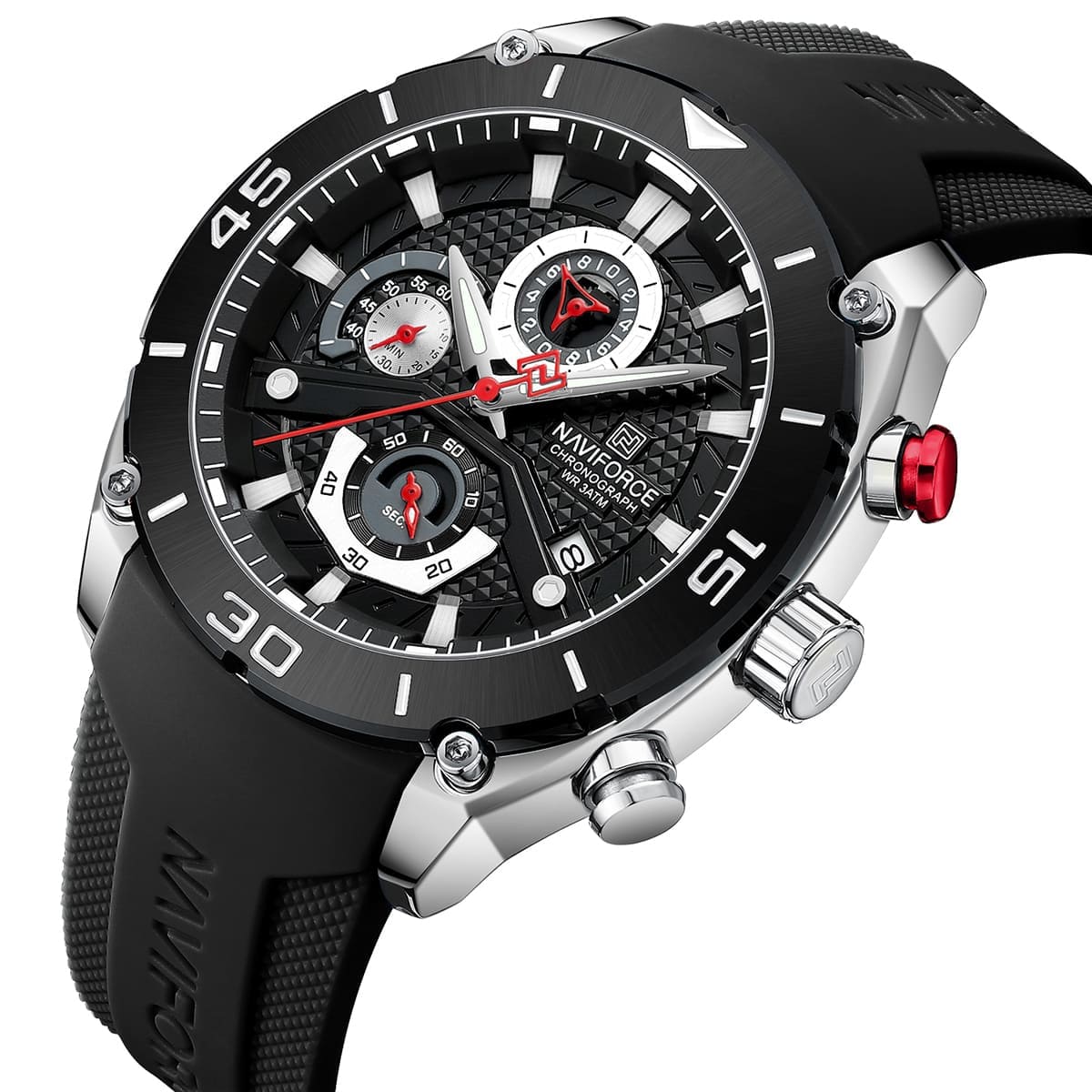 Naviforce NF8038-S-B-B Men's Chronograph Watch – Black Dial & Black Rubber Strap – view 2