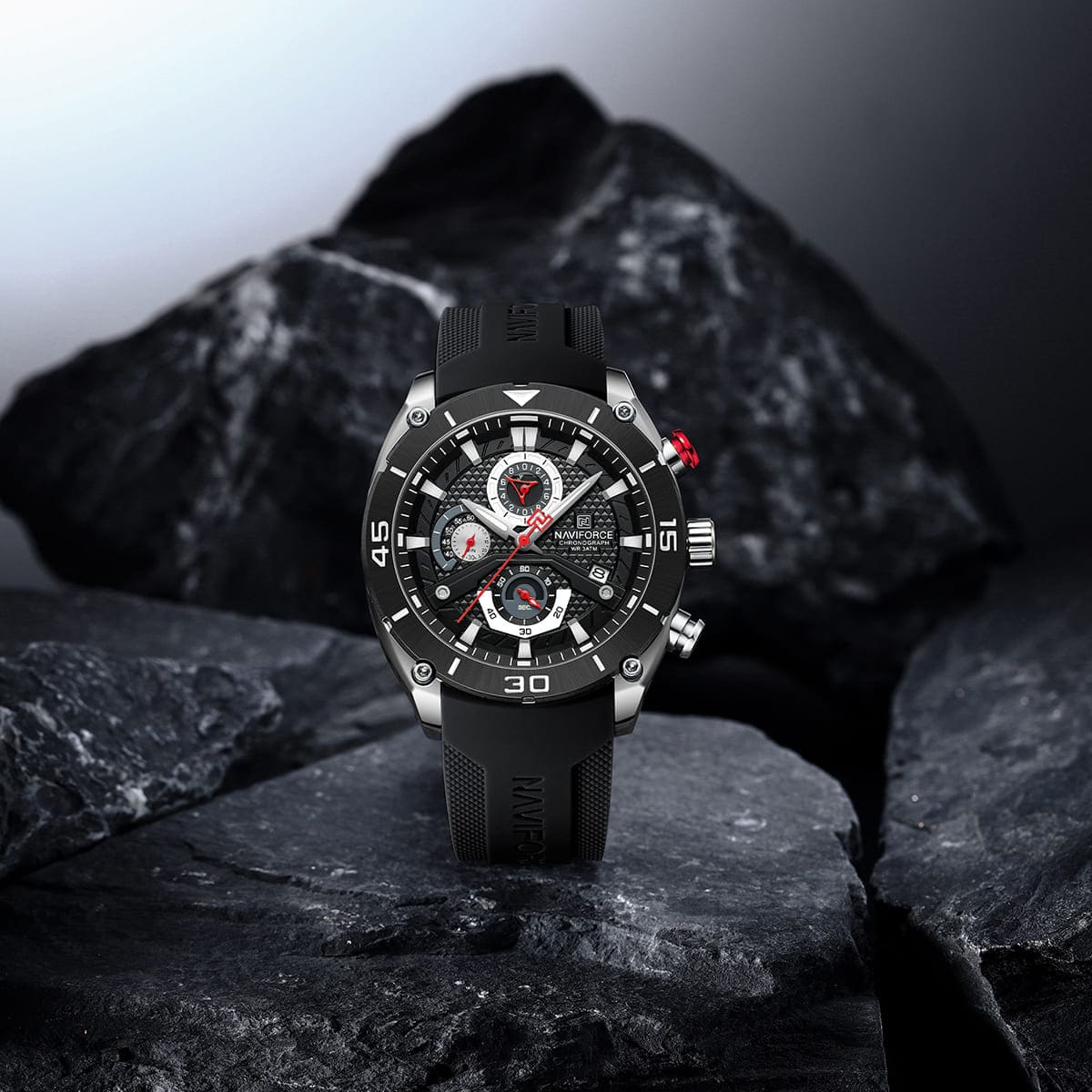 Naviforce NF8038-S-B-B Men's Chronograph Watch – Black Dial & Black Rubber Strap – view 3