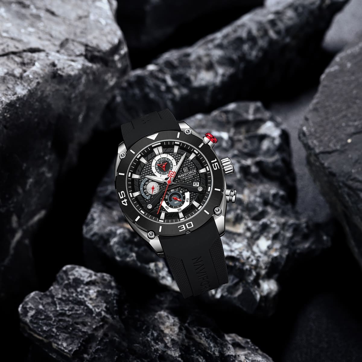 Naviforce NF8038-S-B-B Men's Chronograph Watch – Black Dial & Black Rubber Strap – view 4