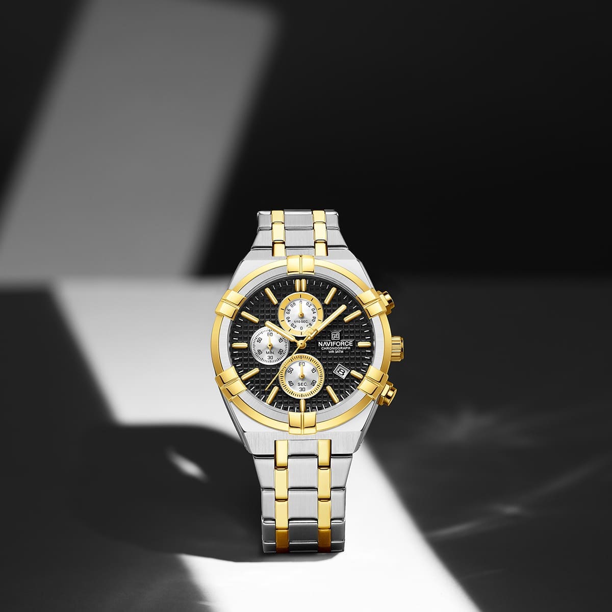 Naviforce NF8042-S-B-G Men's Chronograph Watch – Black Dial & Silver-Gold Two-Tone Strap – view 3