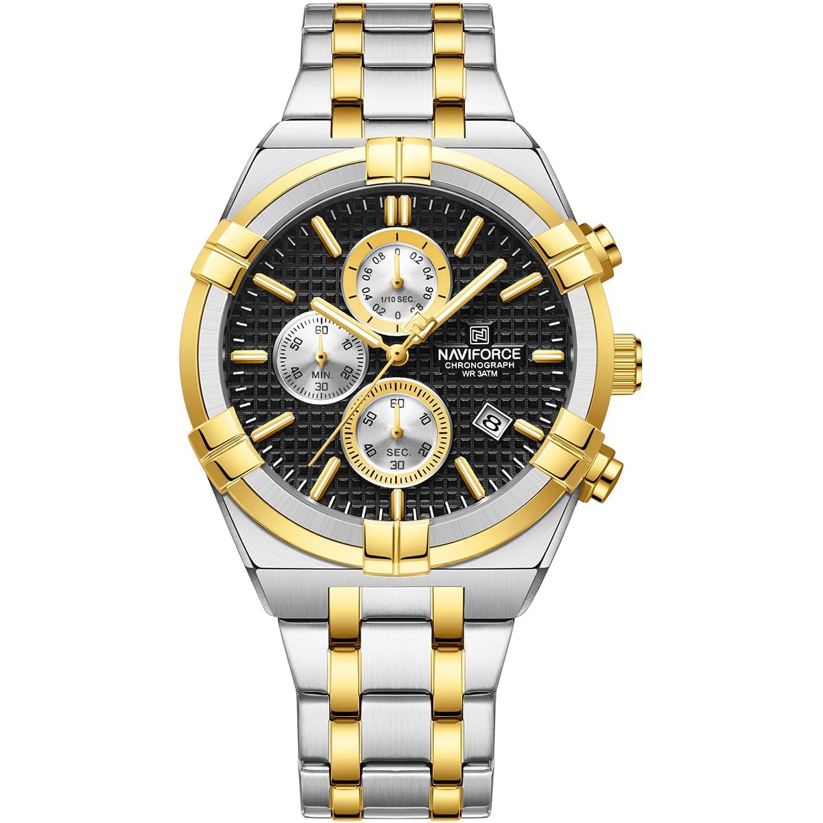 Naviforce NF8042-S-B-G Men's Chronograph Watch – Black Dial & Silver-Gold Two-Tone Strap