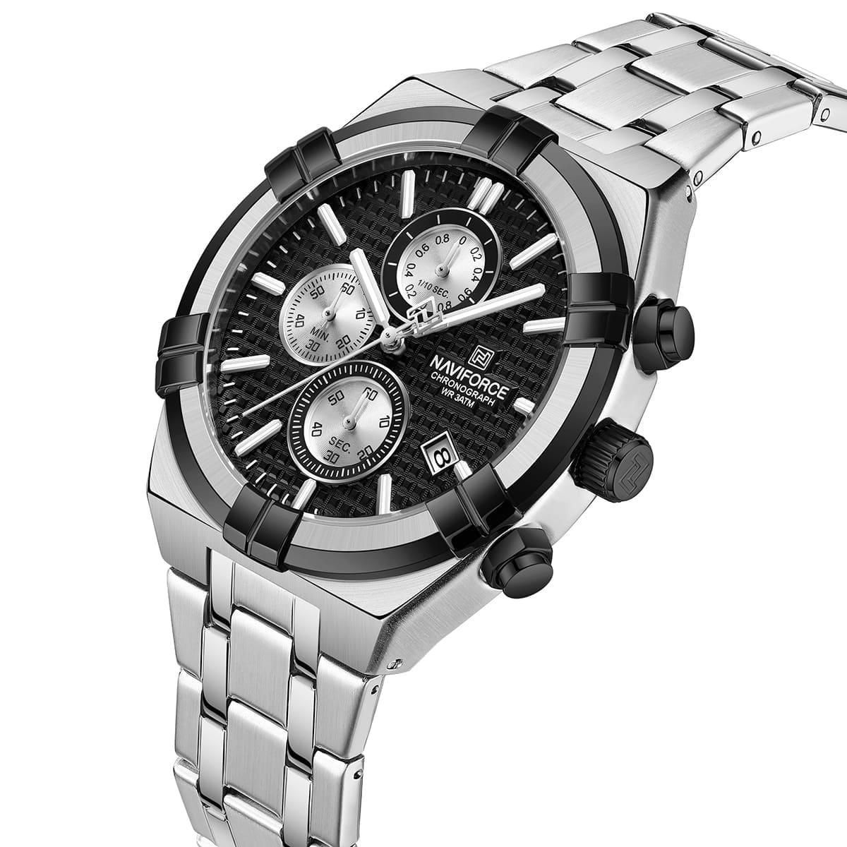 Naviforce NF8042-S-B-S Men's Chronograph Watch – Black Dial & Silver Steel Strap – view 2