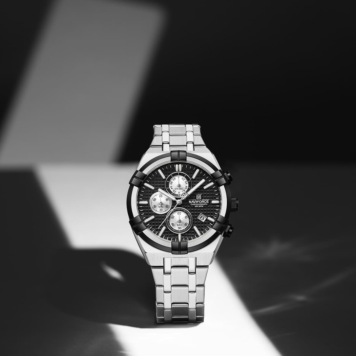 Naviforce NF8042-S-B-S Men's Chronograph Watch – Black Dial & Silver Steel Strap – view 3