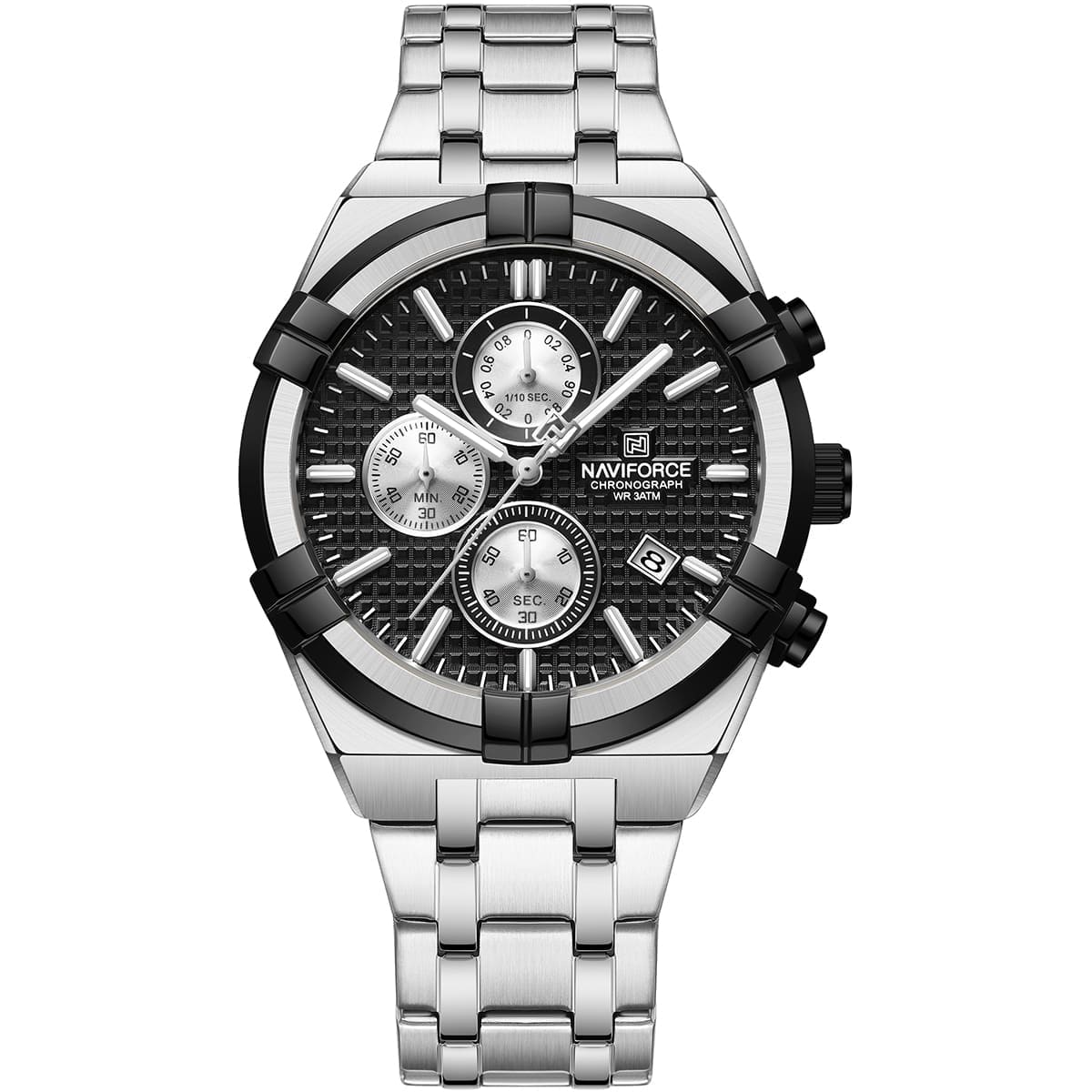Naviforce NF8042-S-B-S Men's Chronograph Watch – Black Dial & Silver Steel Strap
