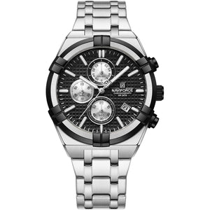 Naviforce NF8042-S-B-S Men's Chronograph Watch – Black Dial & Silver Steel Strap