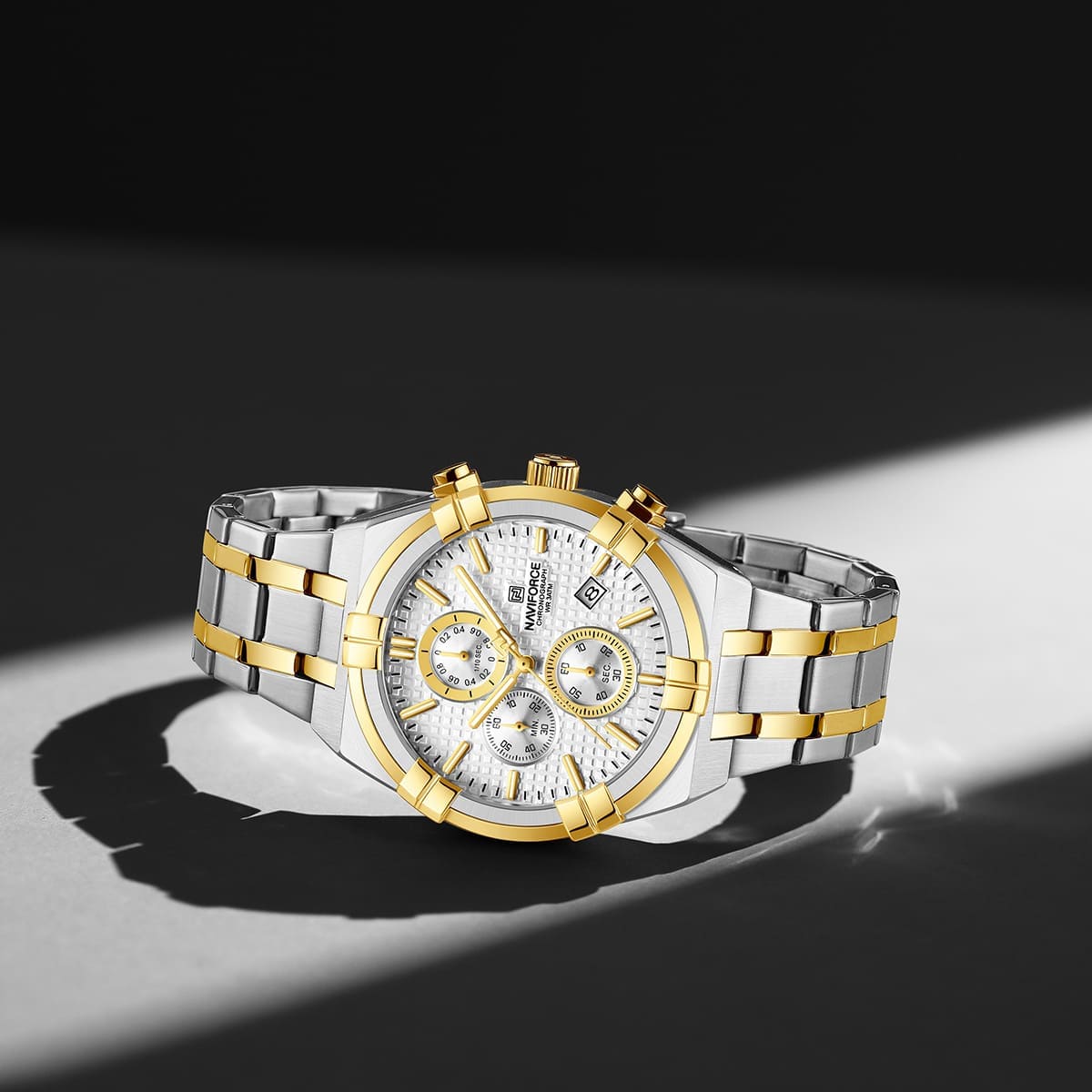Naviforce NF8042-S-W-G Men's Chronograph Watch – White Dial & Silver-Gold Two-Tone Strap – view 4