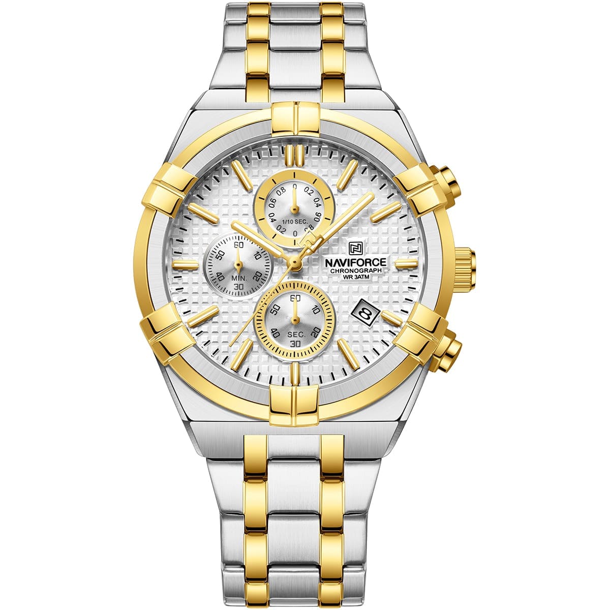 Naviforce NF8042-S-W-G Men's Chronograph Watch – White Dial & Silver-Gold Two-Tone Strap