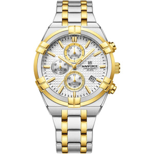 Naviforce NF8042-S-W-G Men's Chronograph Watch – White Dial & Silver-Gold Two-Tone Strap