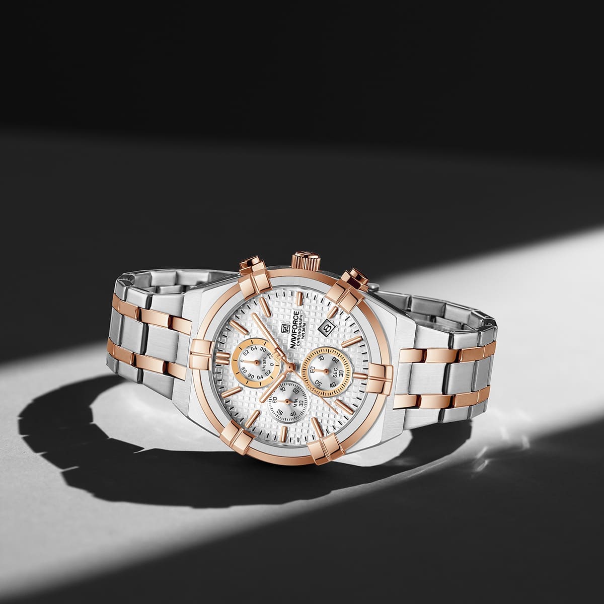 Naviforce NF8042-S-W-RG Men's Chronograph Watch – White Dial & Silver-Rose Gold Two-Tone Strap – view 4