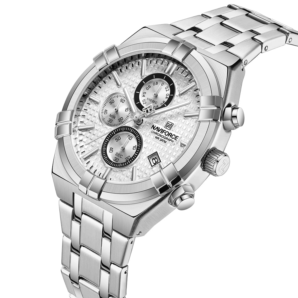 Naviforce NF8042-S-W-S Men's Chronograph Watch – White Dial & Silver Steel Strap – view 2