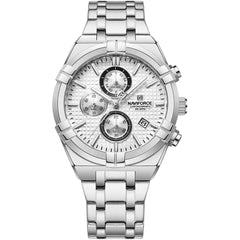 Naviforce NF8042-S-W-S Men's Chronograph Watch – White Dial & Silver Steel Strap