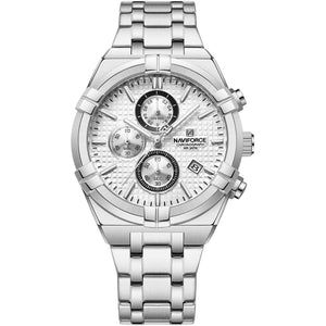 Naviforce NF8042-S-W-S Men's Chronograph Watch – White Dial & Silver Steel Strap