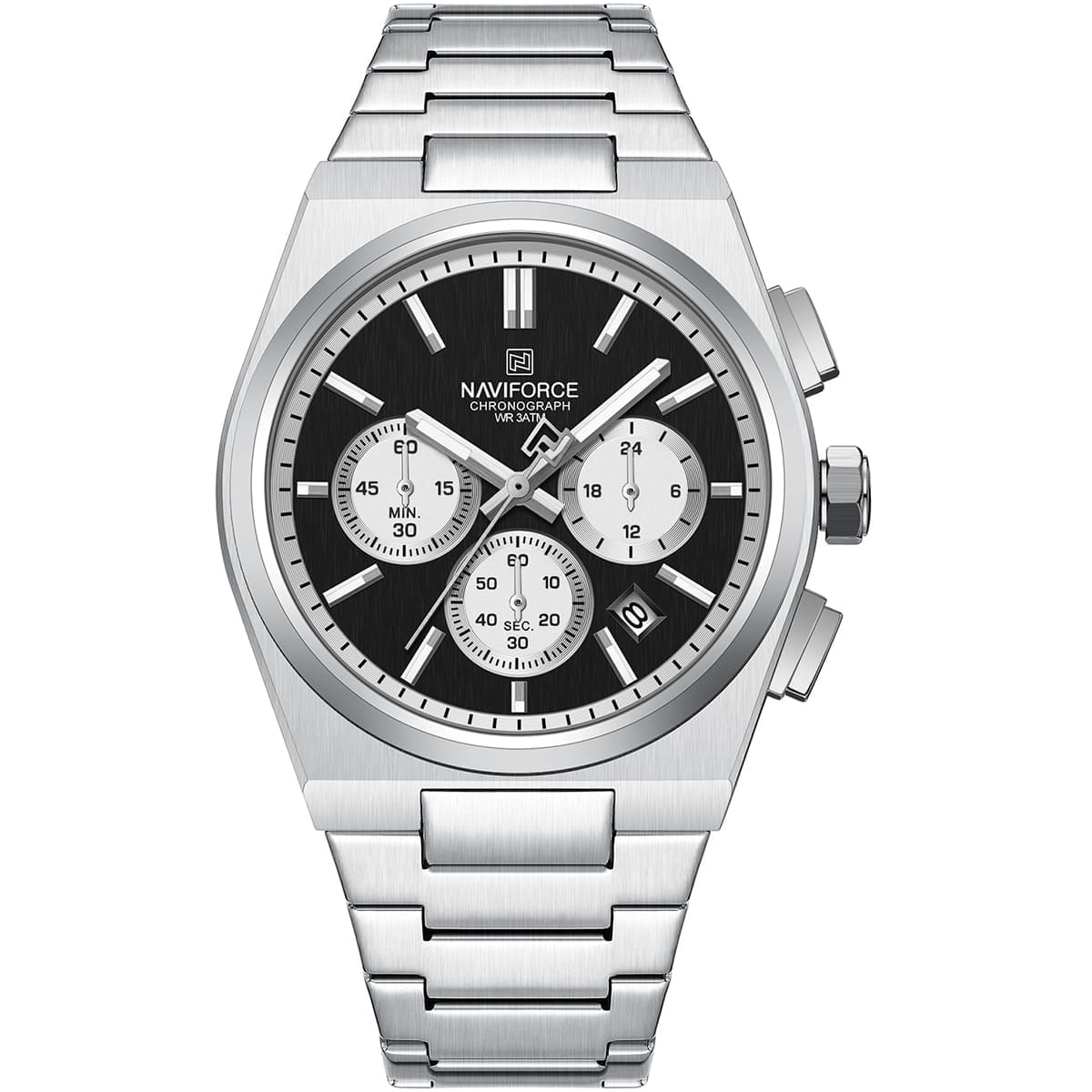 Naviforce NF8048G-S-B-S Men's Chronograph Watch – Black Dial & Silver Steel Strap