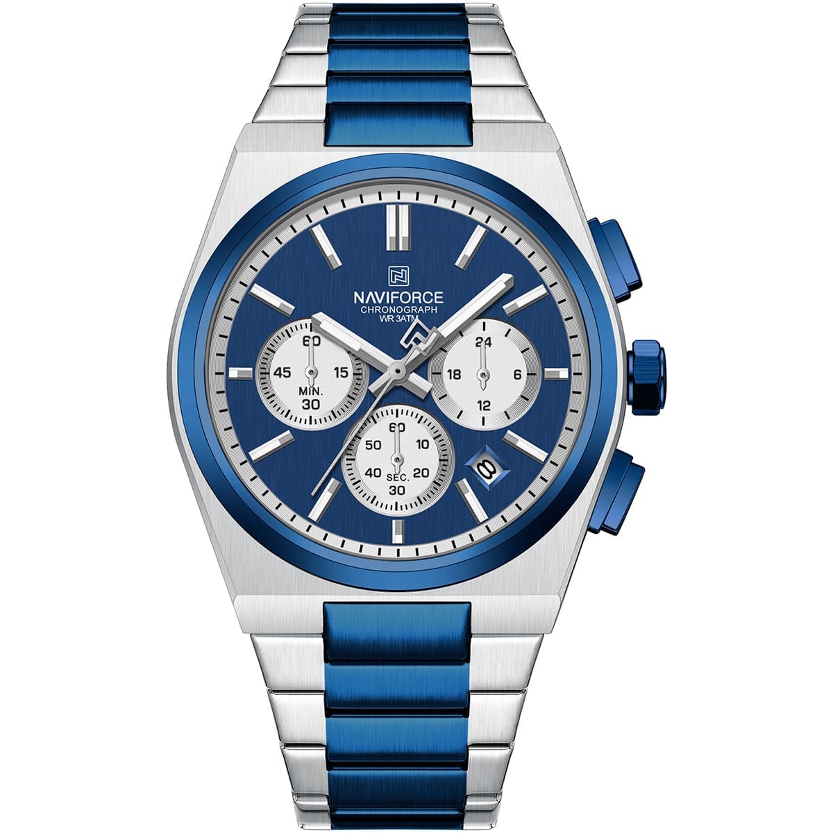 Naviforce NF8048G-S-BE-BE Men's Chronograph Watch – Blue Dial & Silver-Blue Two-Tone Strap