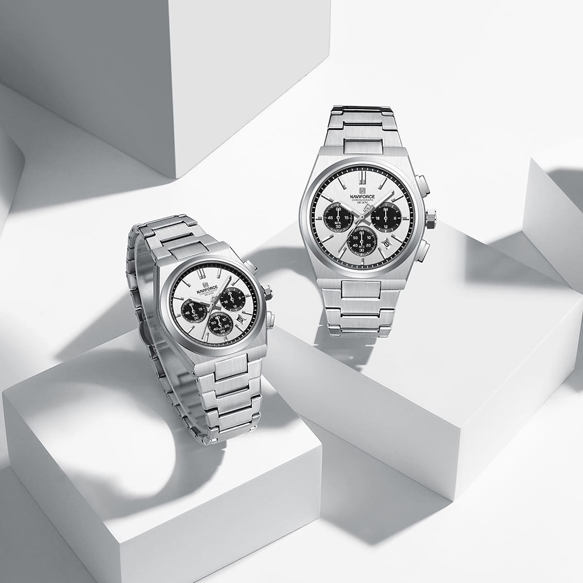 Naviforce NF8048G-S-W-S Men's Chronograph Watch – White Dial & Silver Steel Strap – view 4