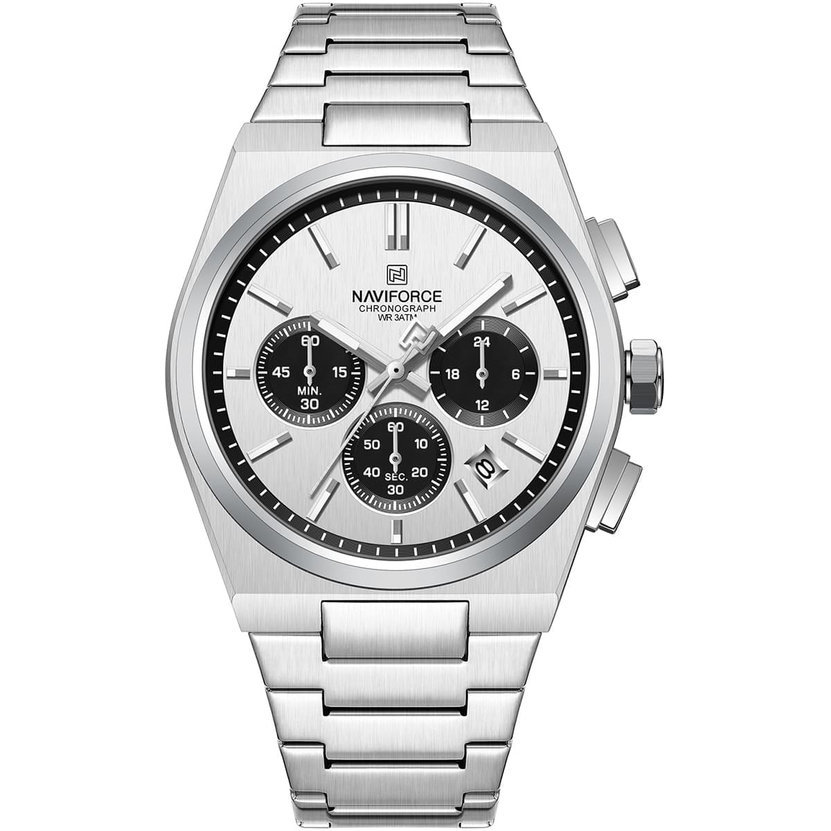Naviforce NF8048G-S-W-S Men's Chronograph Watch – White Dial & Silver Steel Strap