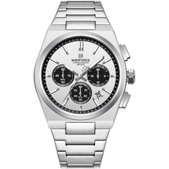 Naviforce NF8048G-S-W-S Men's Chronograph Watch – White Dial & Silver Steel Strap