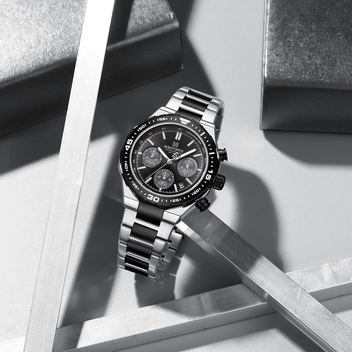 Naviforce NF8049-S-B-B Men's Chronograph Watch – Black Dial & Silver-Black Steel Strap – view 3