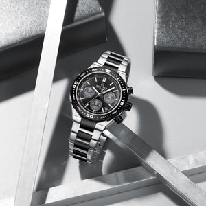 Naviforce NF8049-S-B-B Men's Chronograph Watch – Black Dial & Silver-Black Steel Strap – view 3