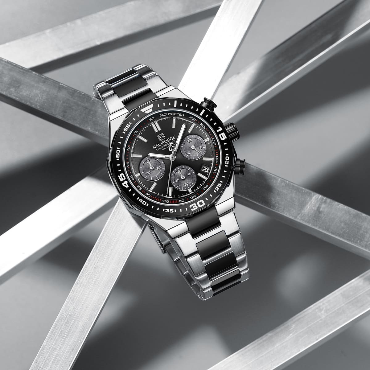 Naviforce NF8049-S-B-B Men's Chronograph Watch – Black Dial & Silver-Black Steel Strap – view 4